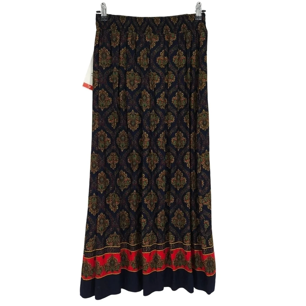Kate McNaughton Pleated Maxi Skirt Navy Blue Floral Print Pull On Stretch Waist